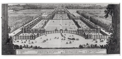 Vista en perspectiva general del castillo y jardines de Richelieu